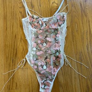 Tiger Mist Floral Embroidered Bodysuit in Pink and Green